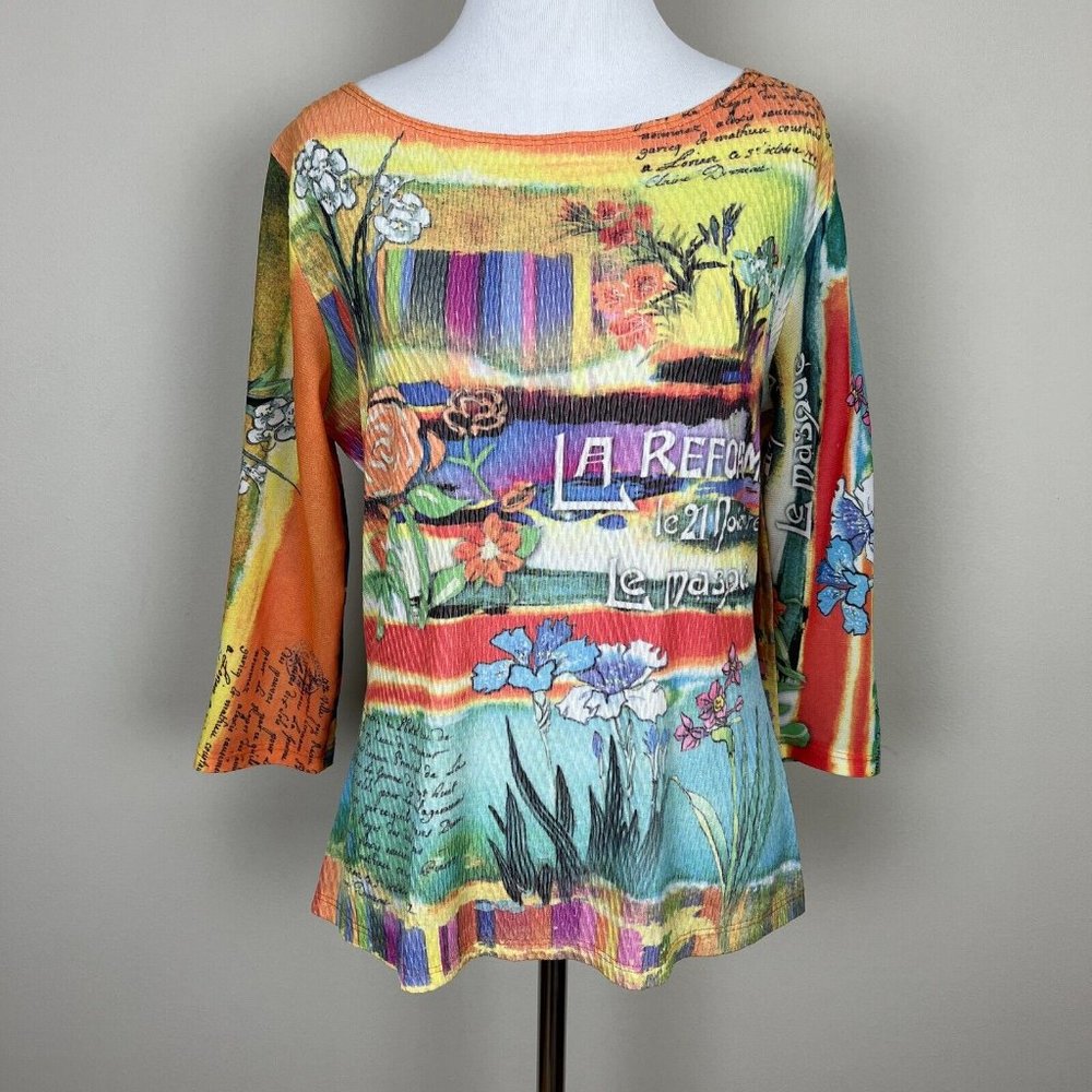 Cubism Top Women Medium Multicolor Art To Wear‎ Abstract Floral Mesh 3/4 Sleeve